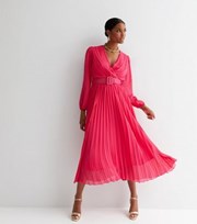 New Look Bright Pink Chiffon Pleated Belted Midi Wrap Dress